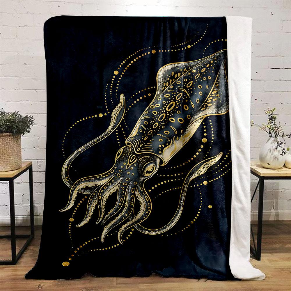 Multiple sizes Golden squid illustration Print Blanket Warm Soft Suitable for All Seasons for Home Sofa Travel Camping Picnics