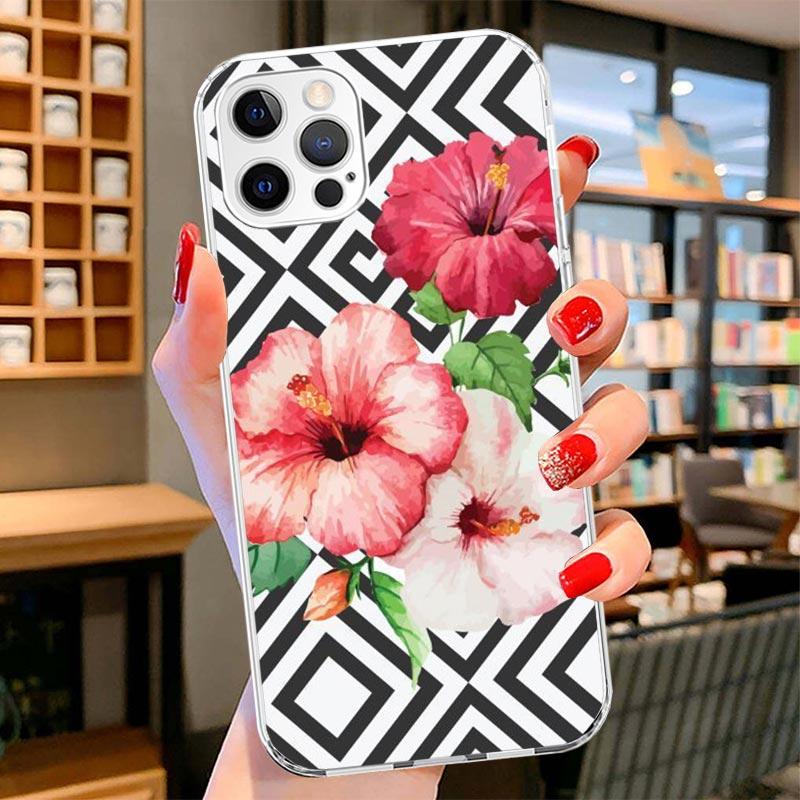 Black White Stripes Flower Cover Phone Case For iPhone 16 17 Air 15 14 Pro Max 16E Phone Case 13 Mini 12 11 7 SE 8 Print Pattern
