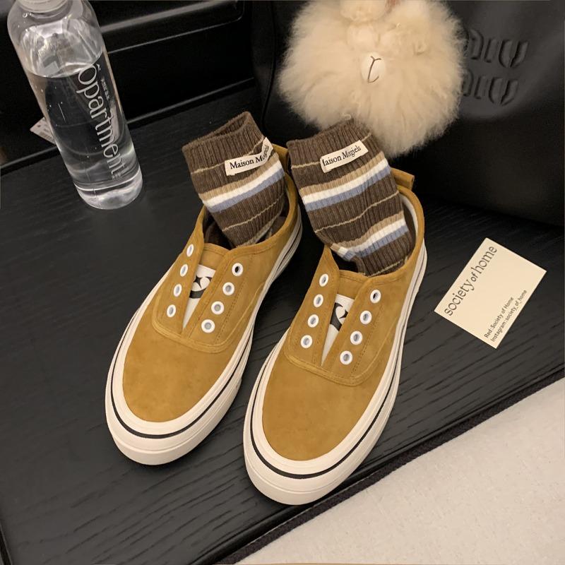 Sheepskin One-pedal Round Head Muffin Thick-soled Versatile Board Shoes Canvas Shoes Spring and Autumn Color Matching Casual Shoes