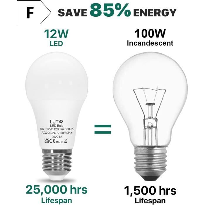 Светодиодная лампа - LUTW - E27 - Холодный белый 6500K - 12 Вт - Набор из 6 штук