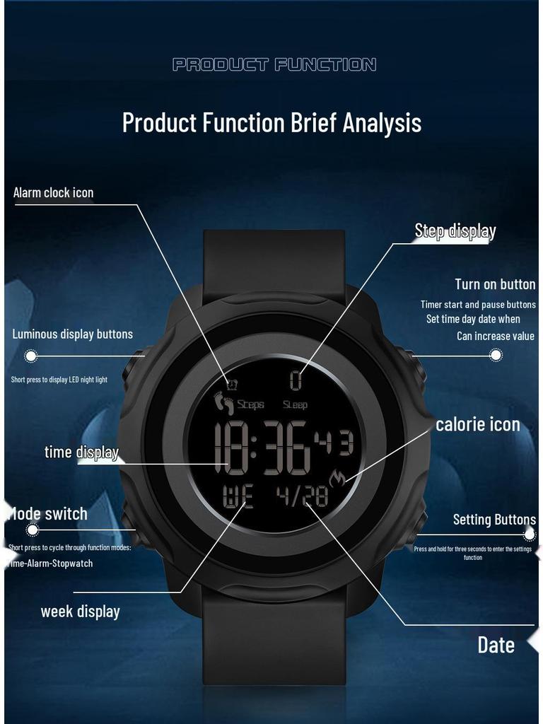 Sanda Waterproof Digital Watch with Step Counter, Calorie Tracker, Alarm, and Multifunctional Features for Outdoor Sports
