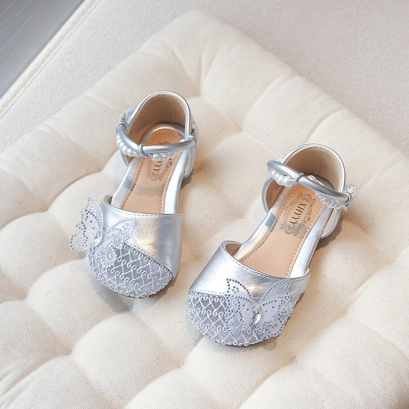 Girls bag head sandals summer new children's soft sole non-slip little girl pearl bow princess shoes