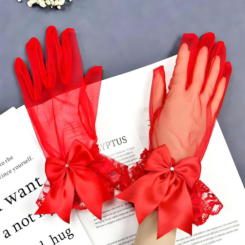 1 пара элегантных кружевных перчаток с оборками из тюля, свадебные перчатки из полиэстера с бантом, женские варежки, аксессуары к платью