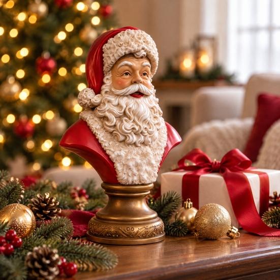 Solid Resin Christmas Decor Santa Claus Bust Statue, Head with Vintage Golden Artistic Statue for Holiday Display Base, Tabletop Figurine, Mantel