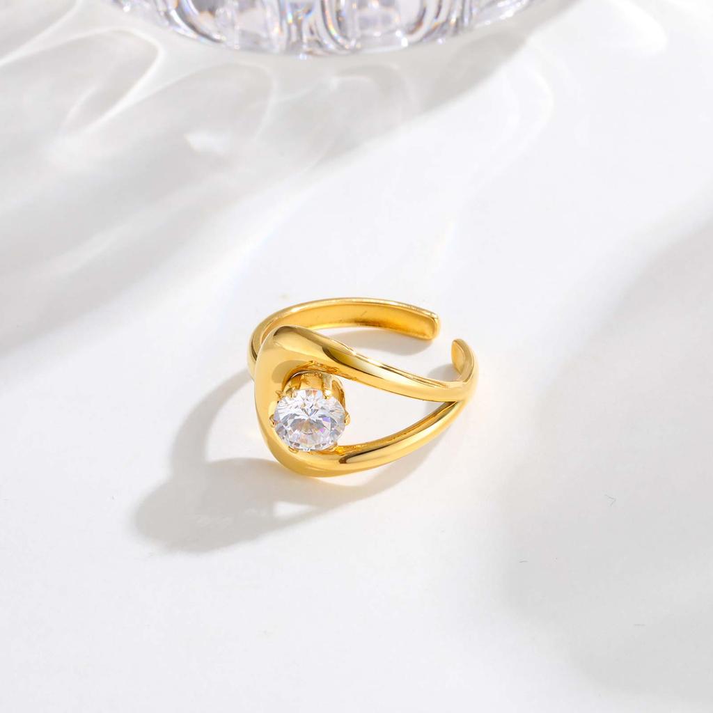 Cubic Zircon Irregular Hollow Opening Ring for Women, Geometric Twist Lines Stainless Steel Ring, Fashion Waterproof Jewelry