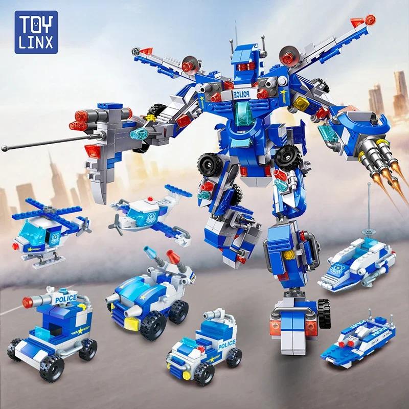 TOYLINX 679 деталей Полицейские Строительные Блоки 8-в-3 Трансформируемая Игрушка 51 Изменение Формы Робот Транспортное Средство Самолет Детские Строительные Кубики