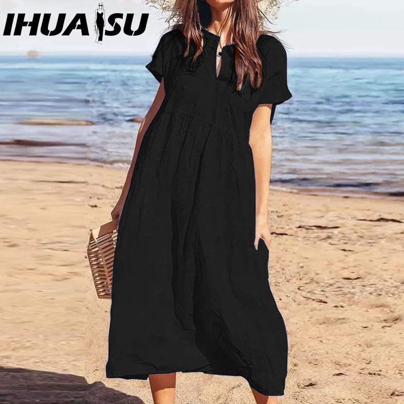 IHUASU Women's Fashion Summer Spring Solid Color Print High Waist Casual Dresses