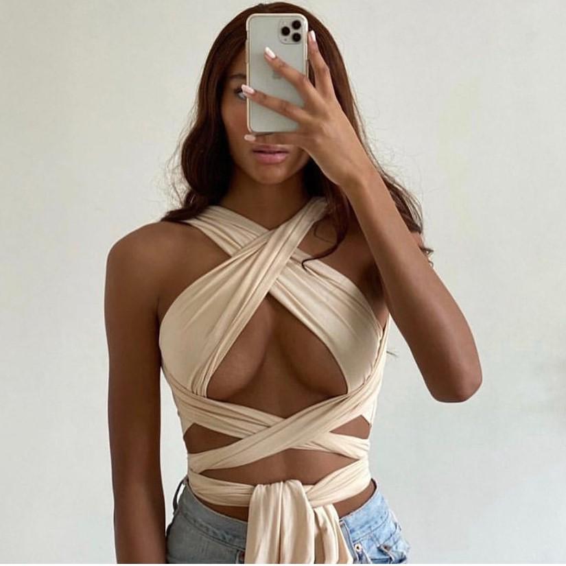 Spring Women's Solid Color Halter Neck Bandeau Top with Tie-up Chest Wrap