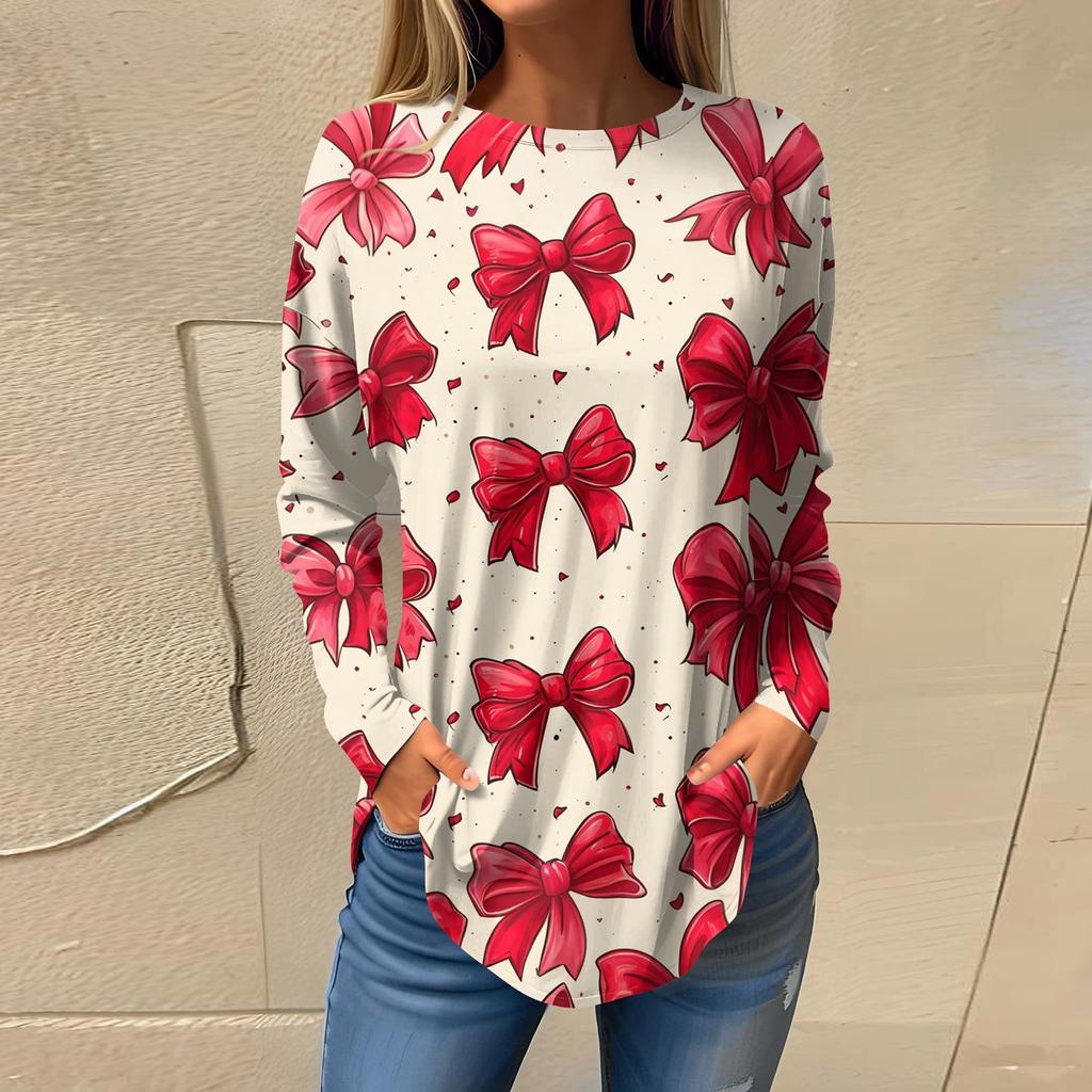 Women's Loose Casual Bow Printed Round Neck Long Sleeved T Shirt Top Pullover Long Sleeved Sweatshirt
