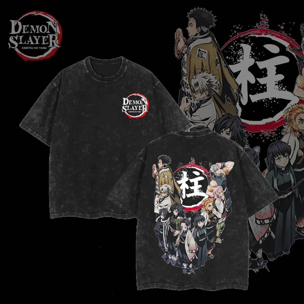 Anime Demon Slayer Iguro Obanai Graphic T-shirt Men Washed Cotton Tshirts Casual Loose T Shirt Harajuku Male
