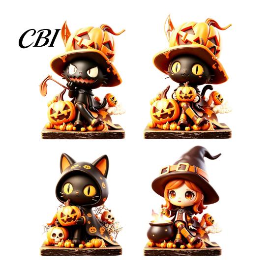 Wooden Desktop Ornaments Halloween Tabletop Decor, Whimsical Black Cat Witch Pumpkin Skeleton Gifts for Kids Figurines, Centerpiece Home Store Window