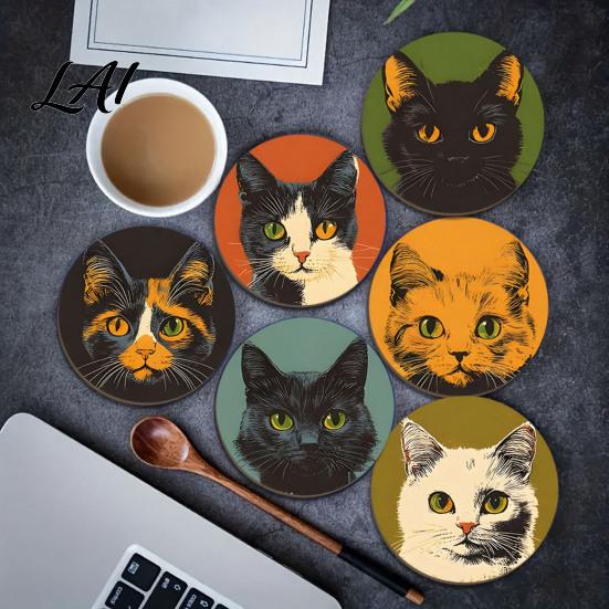 Retro Cat Pattern Coasters Wooden Coasters Table Mats Resistant Decorative Heat Non-slip Cup Home Decor Insulation for Hot Drinks And Desk