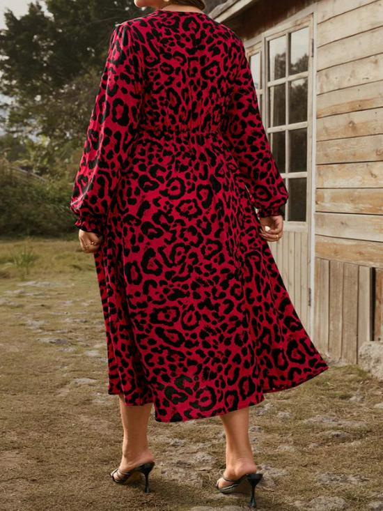 Элегантное платье большого размера с леопардовым принтом и V-образным вырезом для весны и осени