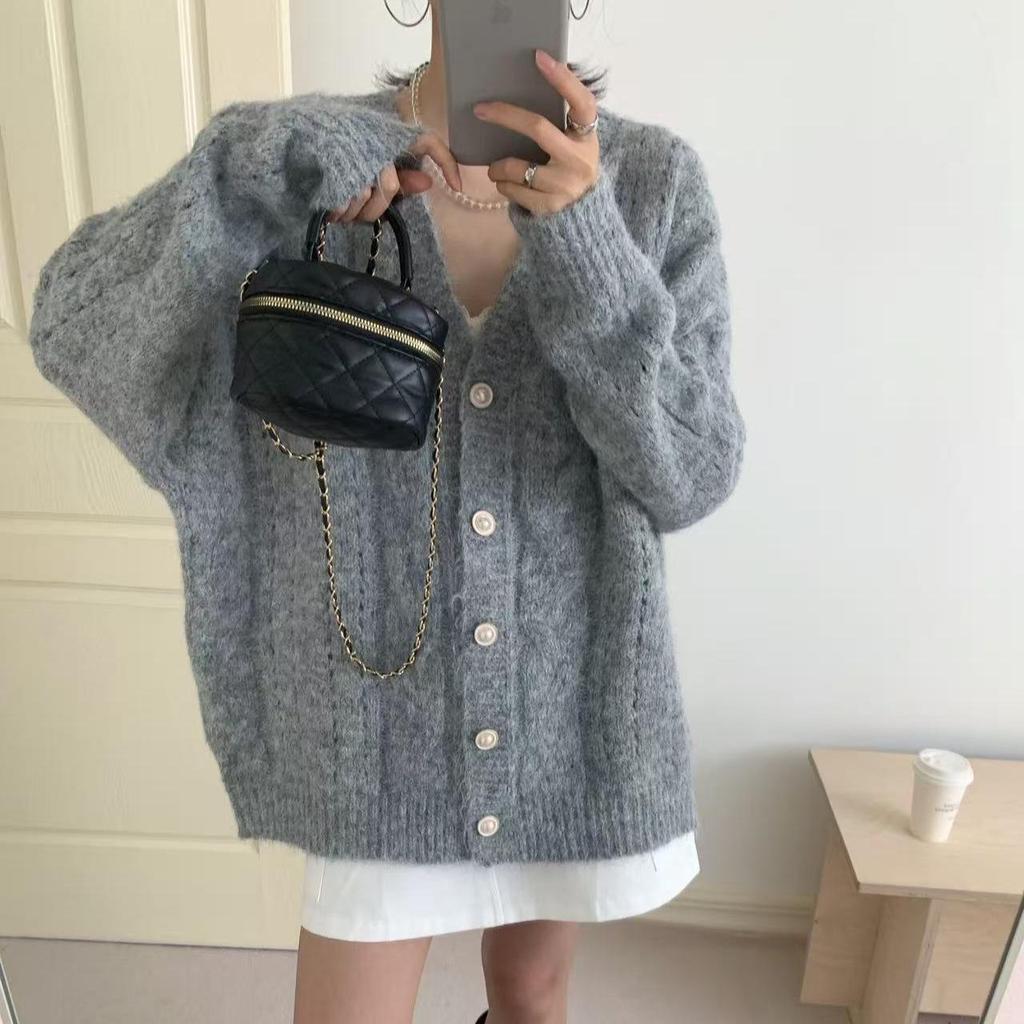 Женский корейский кардиган крупной вязки с V-образным вырезом - Свитер-пальто в повседневном стиле для осени и зимы