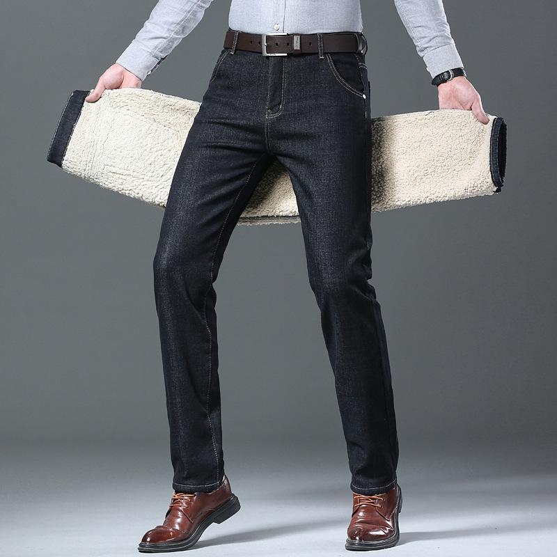 Джинсы мужские из овечьей шерсти, утолщенные, зимние, узкие, прямые, деловые, повседневные, джинсовые мужские брюки