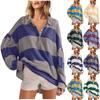 Women's Fashionable Striped Lapel Long Sleeved Sports Casual Pullover Sweatshirt Top