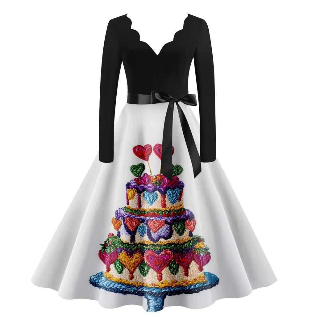 Женское повседневное модное платье с V-образным вырезом и длинным рукавом с милым принтом в винтажном стиле