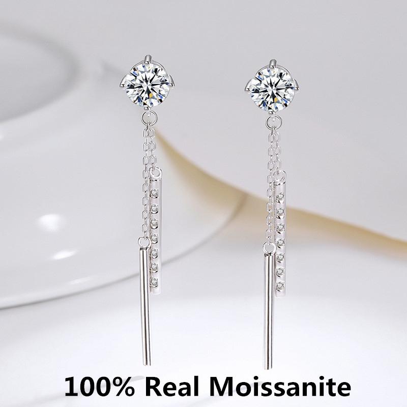 Серьги-подвески с кисточками из настоящего муассанита 1 CT, стерлинговое серебро 925 пробы, простые длинные шпильки с четырьмя когтями для дня рождения, изящные ювелирные изделия