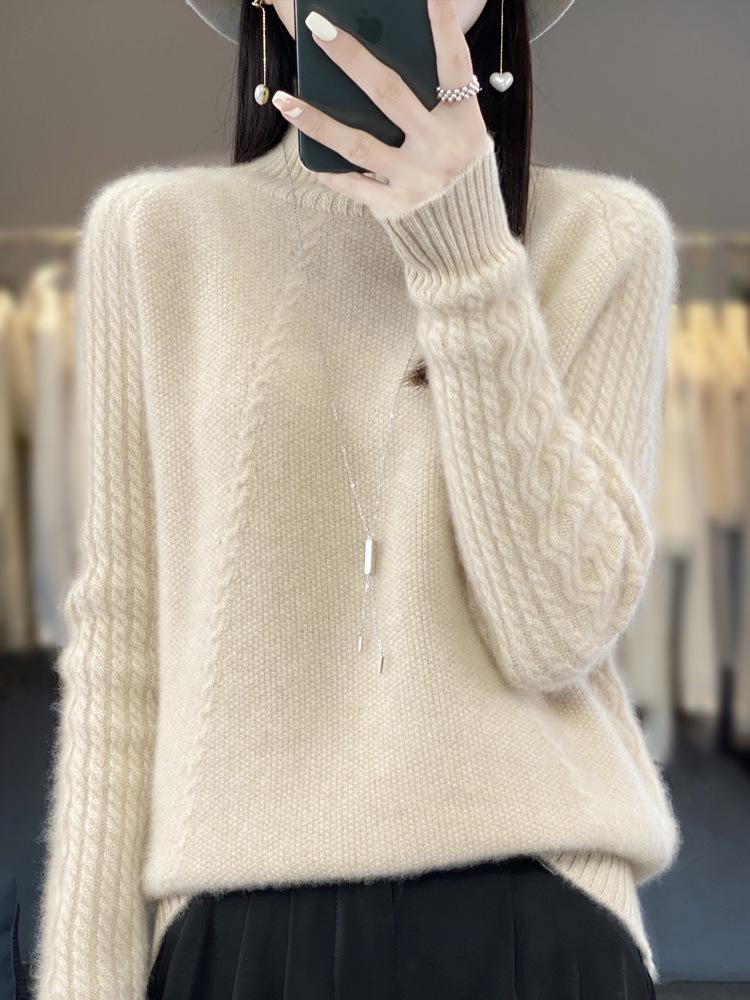 Women's 100% Pure Wool Half-High Collar Knit Sweater for Autumn and Winter