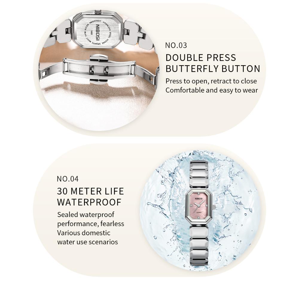 NIBOSI Элегантные водонепроницаемые женские кварцевые часы из нержавеющей стали с прямоугольным циферблатом и датой наручные часы для женщин с бриллиантами наручные часы