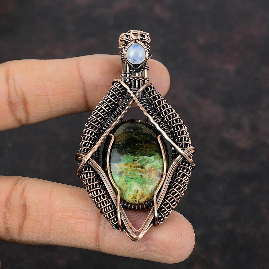 Австралийский хромированный кулон с халцедоном, кулон с радужным лунным камнем, медная проволока, кулон, ювелирные изделия из драгоценных камней, кулон ручной работы, медные ювелирные изделия