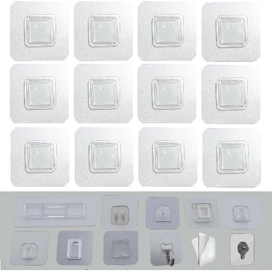 12 PCS Wall Mounted Replacement Sticky pads for Kitchen Bathroom Shower Caddy Organizer Rack Holder Nail Free Adhesive Hooks (Square)
