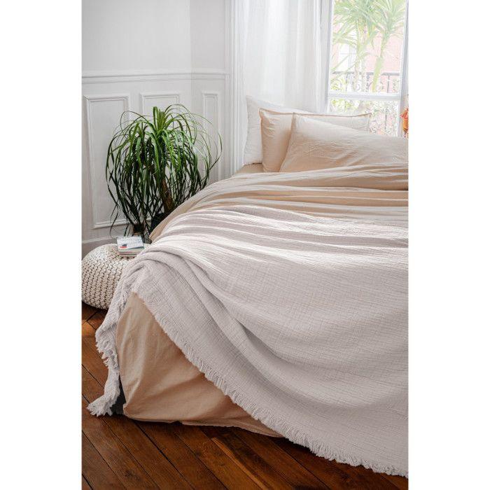 "Brehat" Fringed Bedspread Stonewashed Cotton Gauze Golden Fleece - Brehat White - 180 X 250 Cm