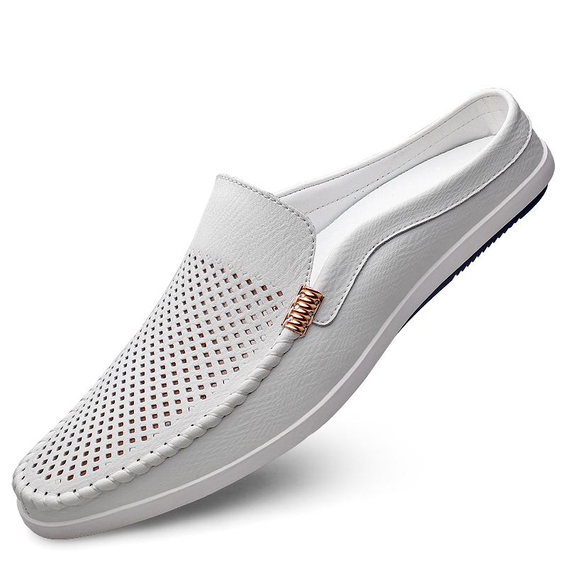 Модные мужские мюли из натуральной кожи, летние тапочки, ленивые туфли, дышащие мужские мокасины, домашние тапочки, обувь для отдыха для взрослых