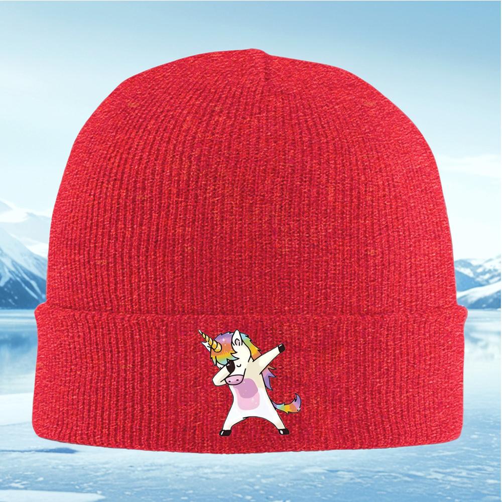 Rainbow unicorn dabbing pose happy cartoon Men Women Unisex Knitted Hat Beanie Pullover Cap Winter Thermal Warm Christmas Outdoo