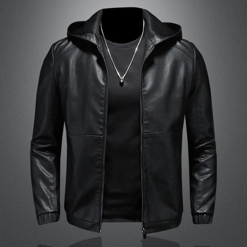 Mens Black PU Leather Hooded Jacket Slim Fit Casual Biker Style Winter Outerwear