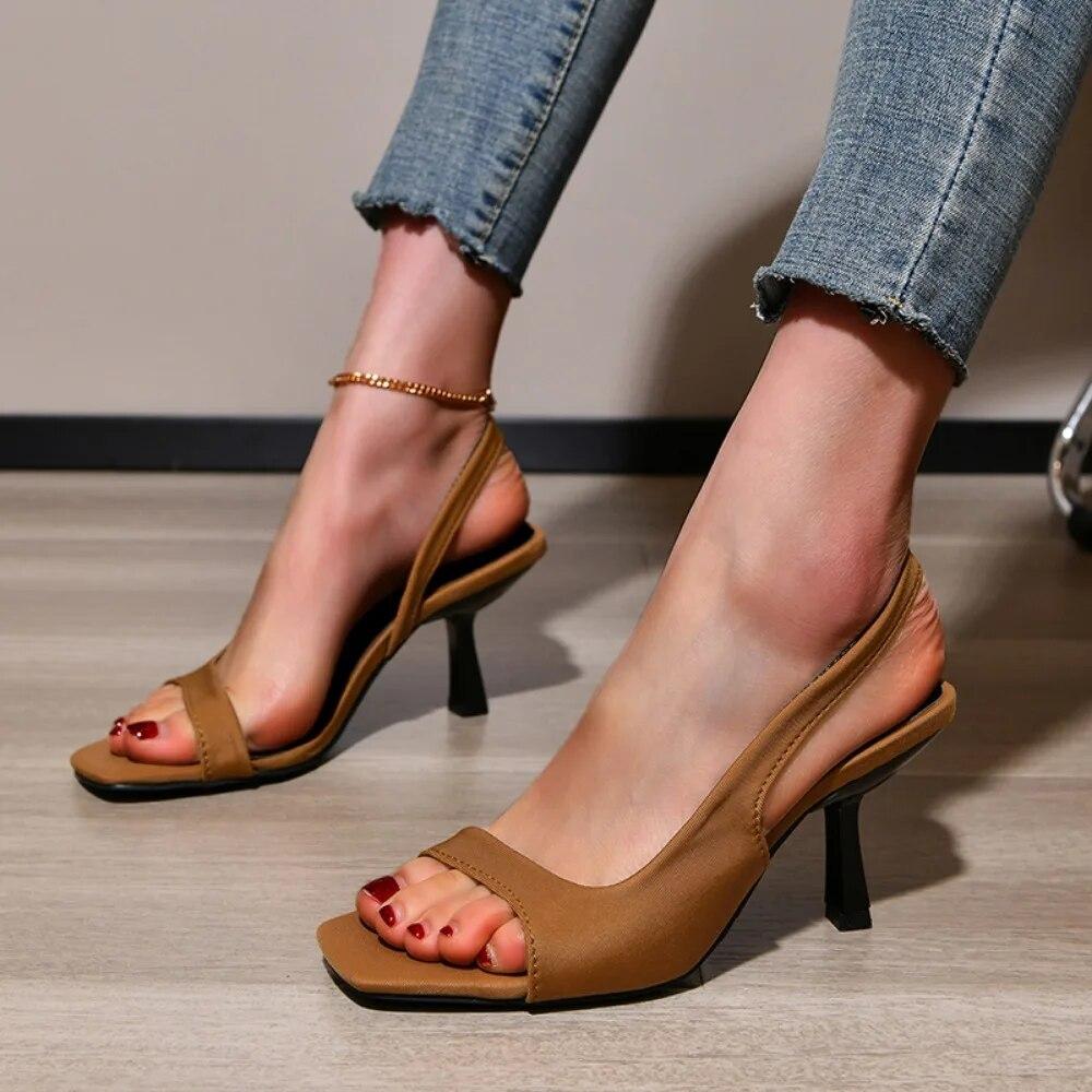 Женские сандалии на высоком каблуке, сексуальные французские с квадратным носком и открытым носком, розовые туфли-лодочки без шнуровки, дизайнерские для выпускного вечера, женские сандалии на шпильке для ночного клуба, летние