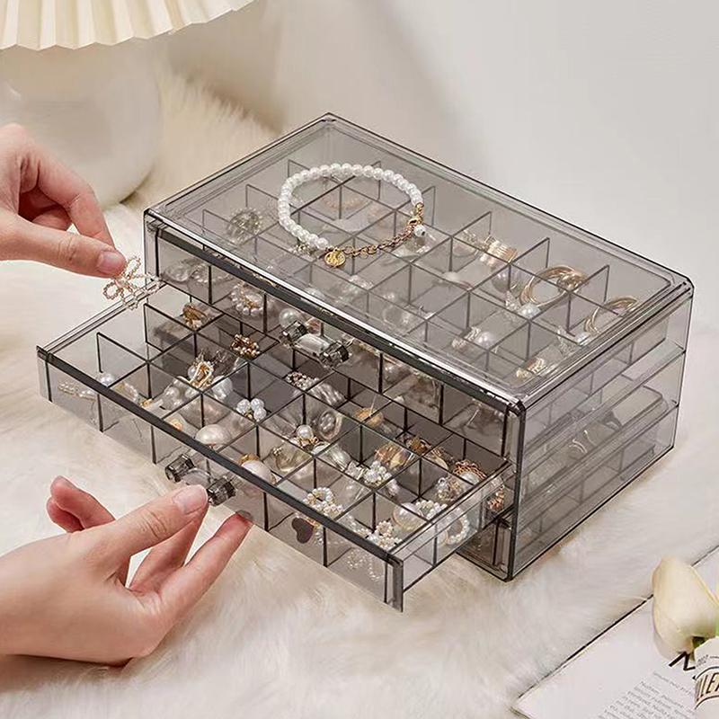 1 Pack 3 Layer 72 Grid Large Capacity Ring Earring Necklace Jewelry Storage Box Desktop Drawer Organizer Dust-Proof Storage Box