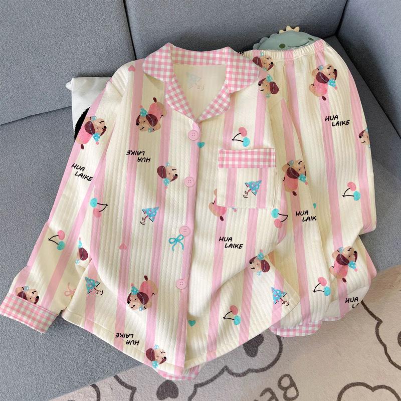Korean version autumn and winter sweet striped cartoon ins wind air cotton sandwich warm pajamas set loungewear