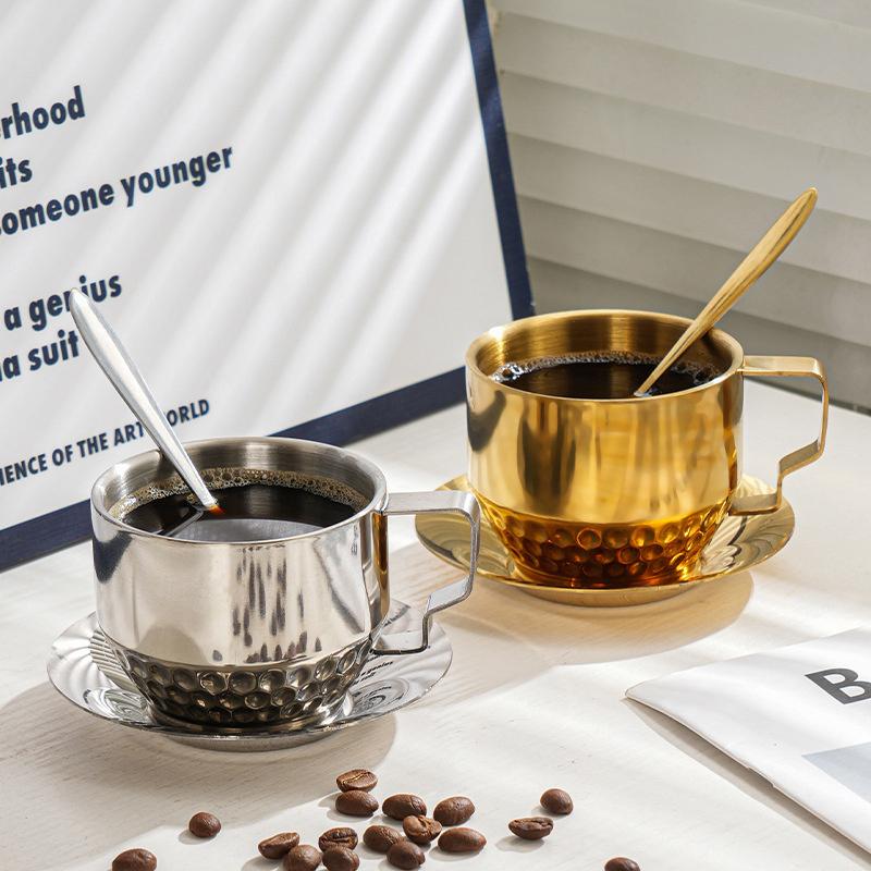 Niche Coffee Cup And Saucer Set Retro Stainless Steel Coffee Cup Small Exquisite Posing Vlog Afternoon Tea Cup
