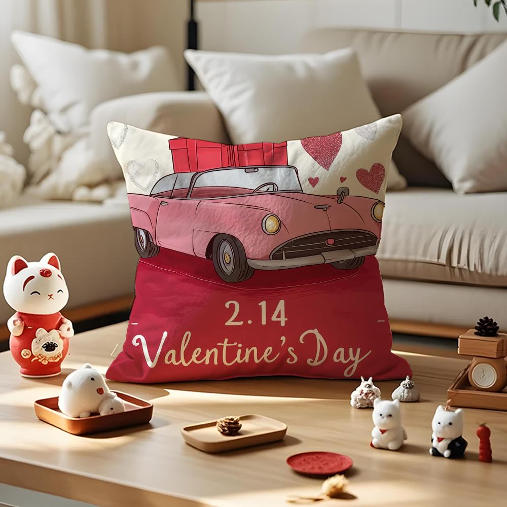 Valentines Day Cartoon Car Cushion Cover Silky Short Plush with Invisible Zipper Dustproof Sofa Pillow Case for Home Decor