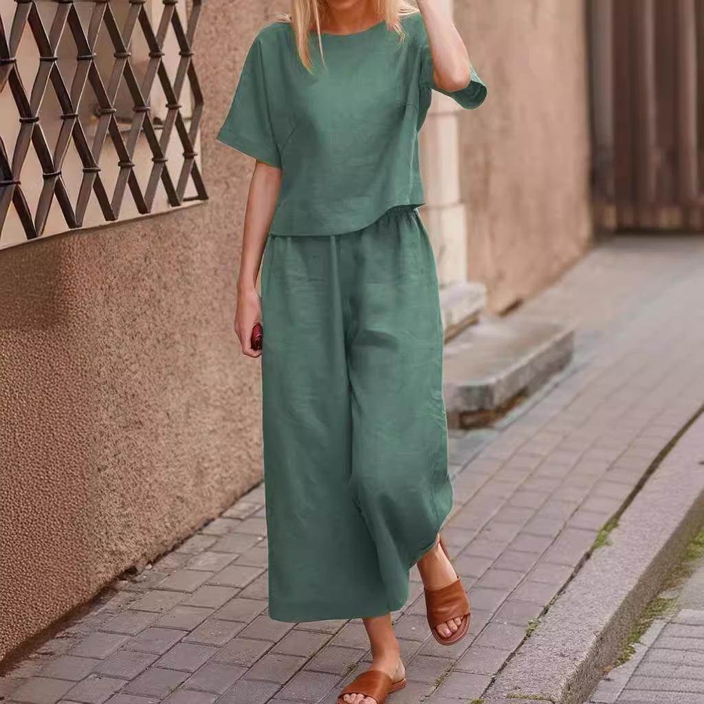 QICED Plus Size Suit Loose Solid Colour Shirt Trousers Two Piece Set