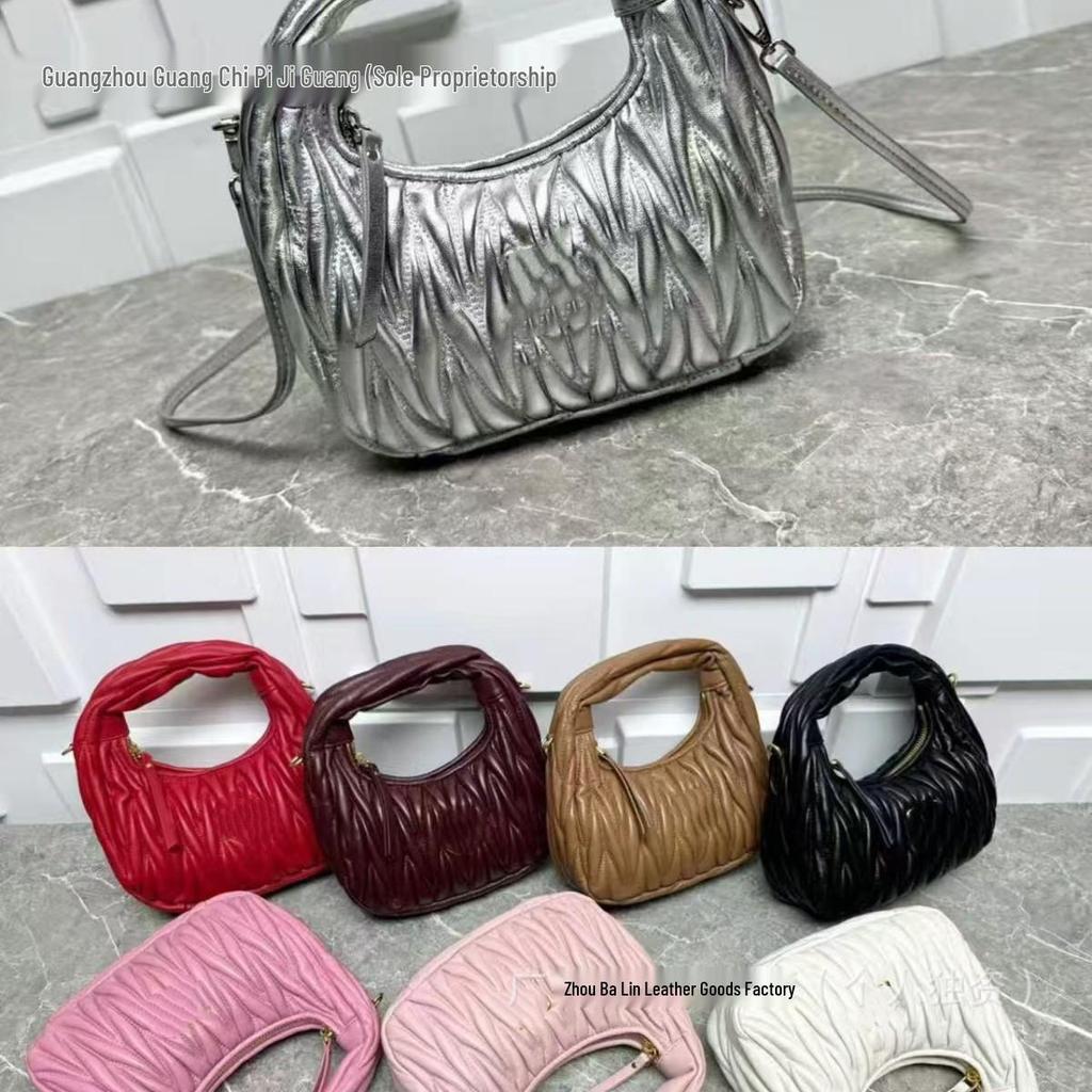 2026 New Miu Family Cloud Pleated Hobo Bag: Embroidered Thread, Single Shoulder, Cross-Body Crescent Bag for Women