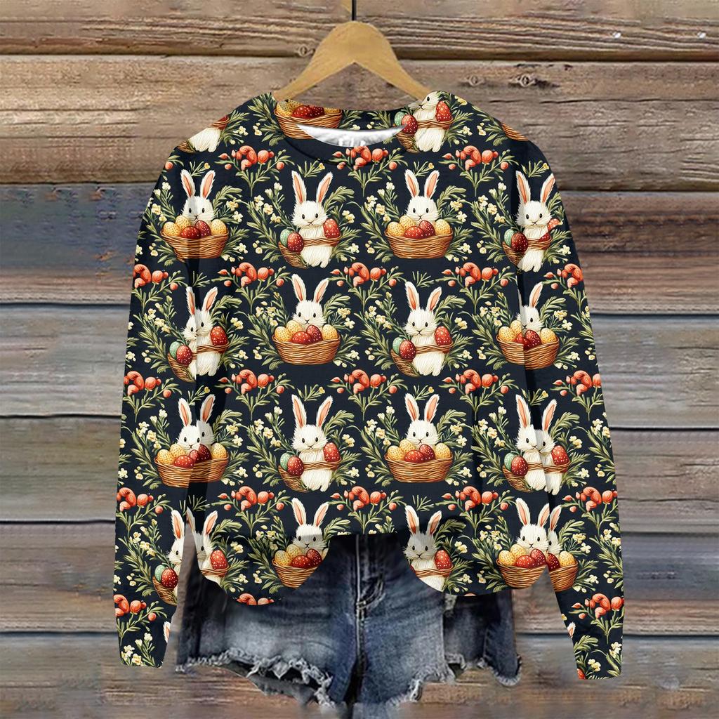 Женская мода Пасха Печатный Длинный рукав Свободный круглый вырез Толстовка Топ