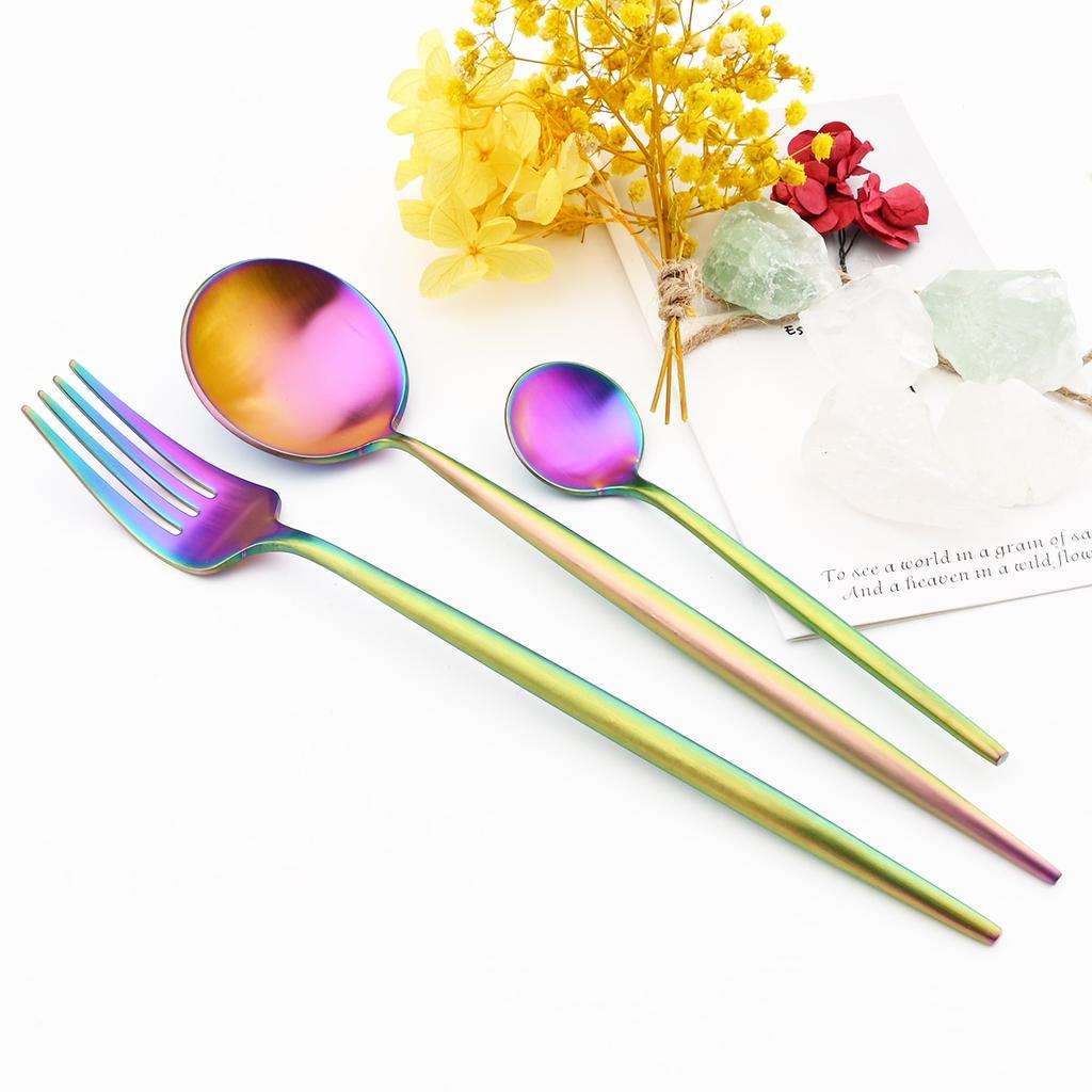 24Pcs Multicolor Dinnerware Set Knife Fork Spoons Teaspoon Tableware 18/10 Stainless Steel Cutlery Western Kitchen Silverware Flatware