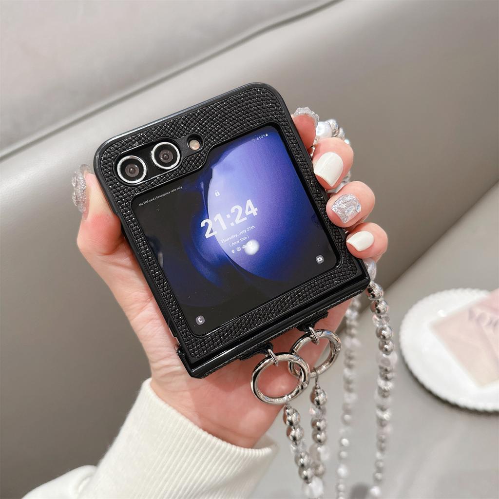For Samsung Galaxy Z Flip7 FE 5G/Z Flip6 5G Case Hinge Protection Leather+PC Phone Cover with Crossbody Beaded Strap