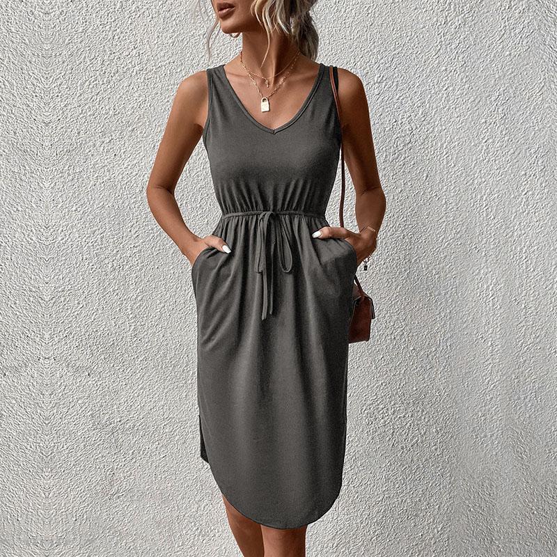 Женское летнее шикарное платье без рукавов сплошного цвета с V-образным вырезом на шнуровке
