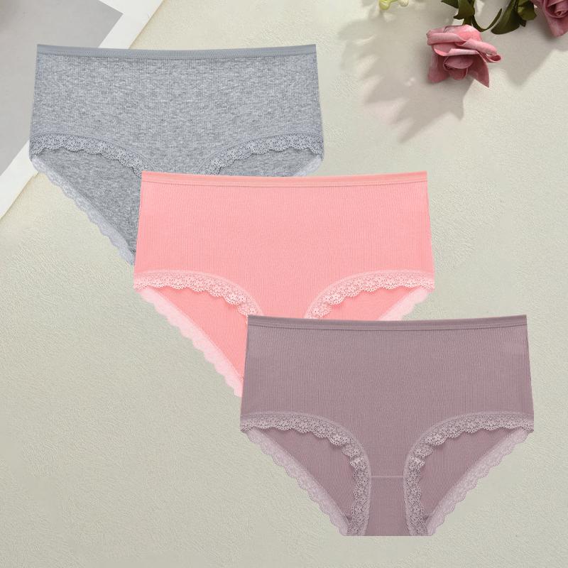 3Pcs Women Cotton Striped Underwear Sexy Lace Stretchy Panties Breathable Mid-Rise Solid Briefs Lady Comfort Plus Size Lingerie