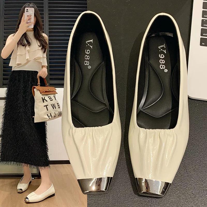 Square with Flat Flat Combination Color Light Mouth with Soft Sole Light Comfortable Non-slip Breathable Women's Single Shoes