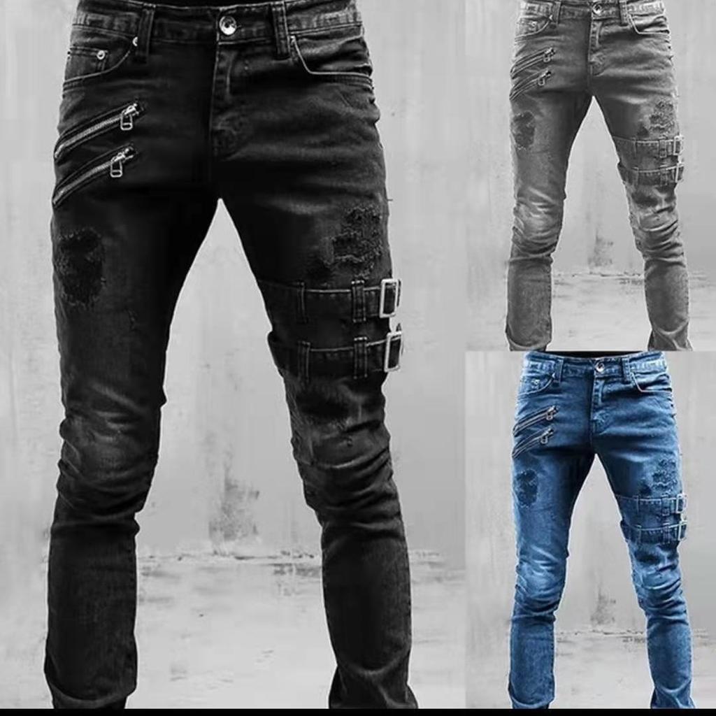 Europe And The United States Fashion Biker Stretch Jeans Decorated Slim Jeans