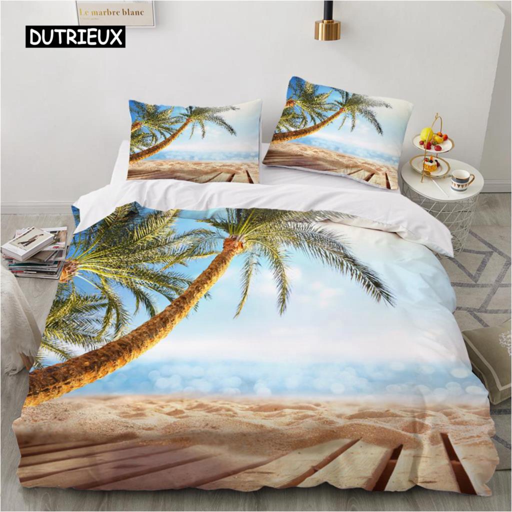 Комплект постельного белья Ocean Duvet Set King Size Polyester Tropic Ocean Style Sandy Shore and Sea with Waves Escape To Paradise Theme Set