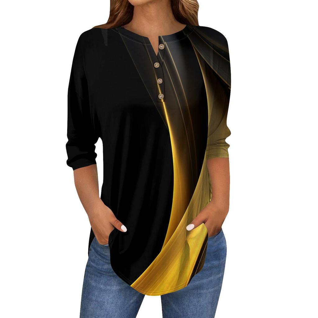 Женские топы с рукавами 3/4, летние футболки с цветочным принтом и V-образным вырезом, повседневные базовые футболки с пуговицами, туники