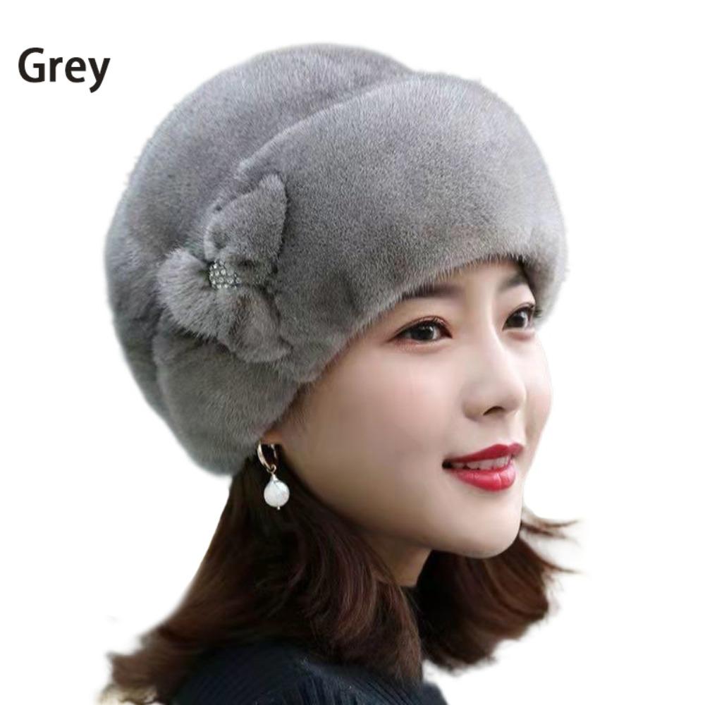 Faux Rabbit Fur Bucket Hats Flower Decor Middle-aged Cap Fashion Thermal Hat  Autumn Winter