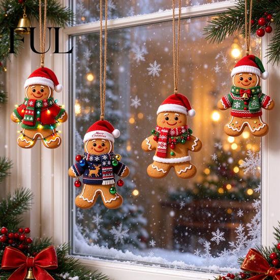 Wooden Christmas Pendant 8/16/24/32Pcs Gingerbread Man Ornament Set, 2D Flat Holiday Hanging Decorations Decor, Rustic for Xmas Tree Ornaments