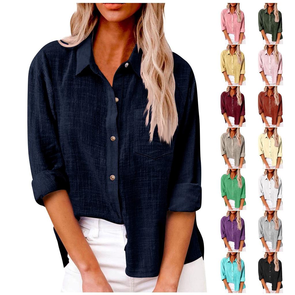 Women's Autumn Long Sleeve Button Solid Color Loose Shirt Casual Large Size Shirt