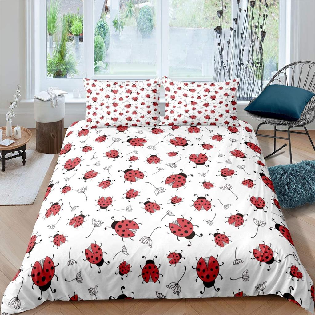 Комплект пододеяльника «Божья коровка» 3D Комплект постельного белья с принтом «Божья коровка» для мальчиков и девочек Летающая энтомология 2/3 предмета Мягкий пододеяльник размера кинг